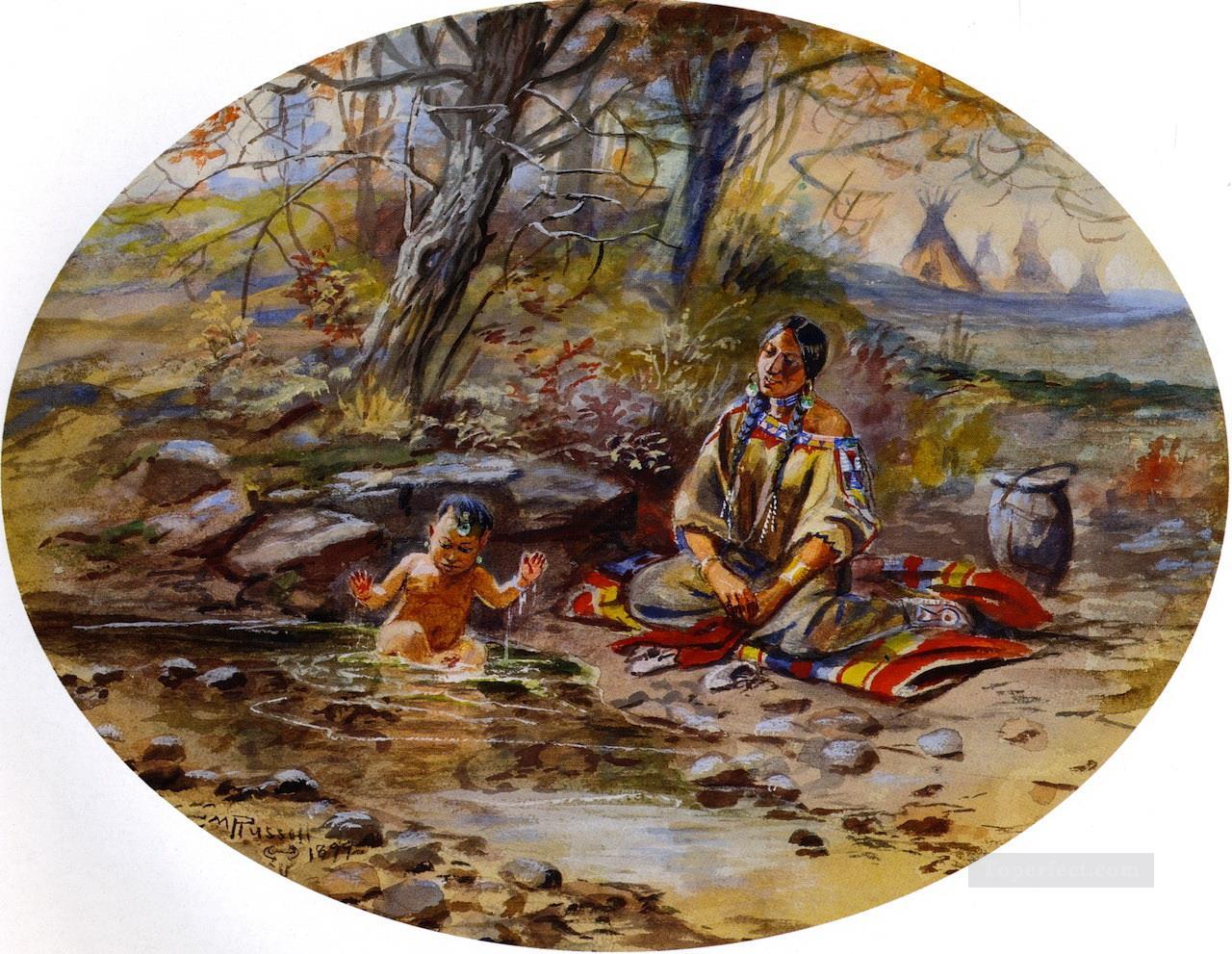 le bain 1899 Charles Marion Russell Indiens d’Amérique Peintures à l'huile